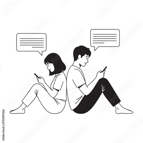 The silent conversation of a modern couple, a conceptual illustration of digital dependence and relationship challenges