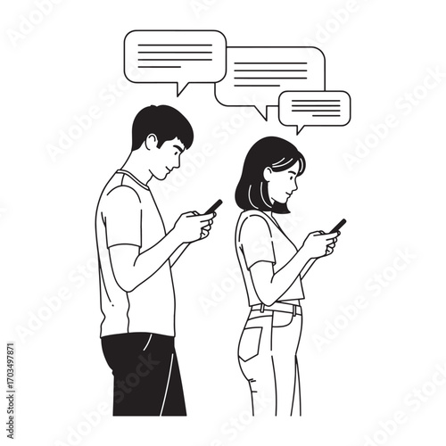 Line art illustration of a young man and woman engrossed in their smartphones, with chat bubbles symbolizing digital communication and social media addiction