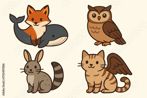 Cute cartoon animals including a fox, whale, owl, rabbit, and a cat with wings