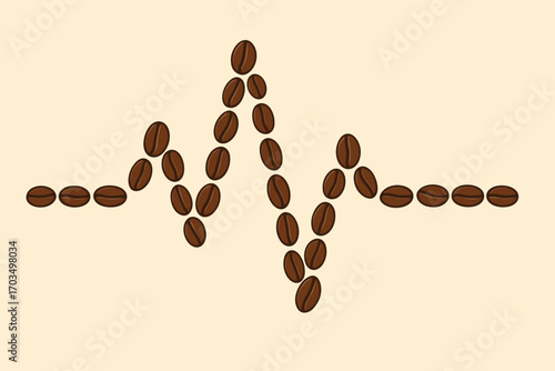 Coffee beans arranged in a heartbeat pattern in a minimalistic and creative design