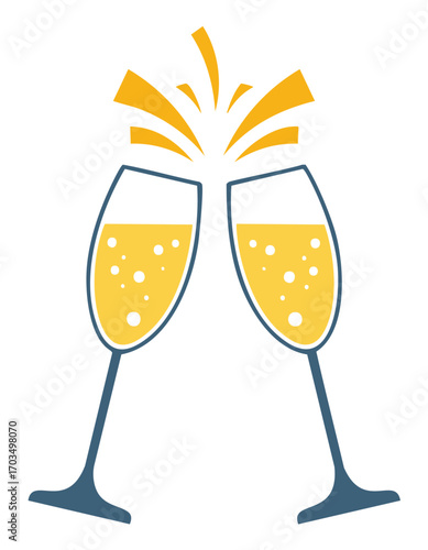 Two Champagne Glasses Clinking with Bubbles and Sparkles