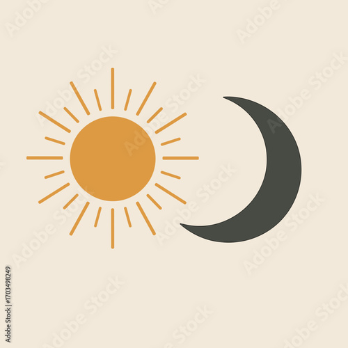 Simple illustration of the sun and moon representing day and night in a minimalist design