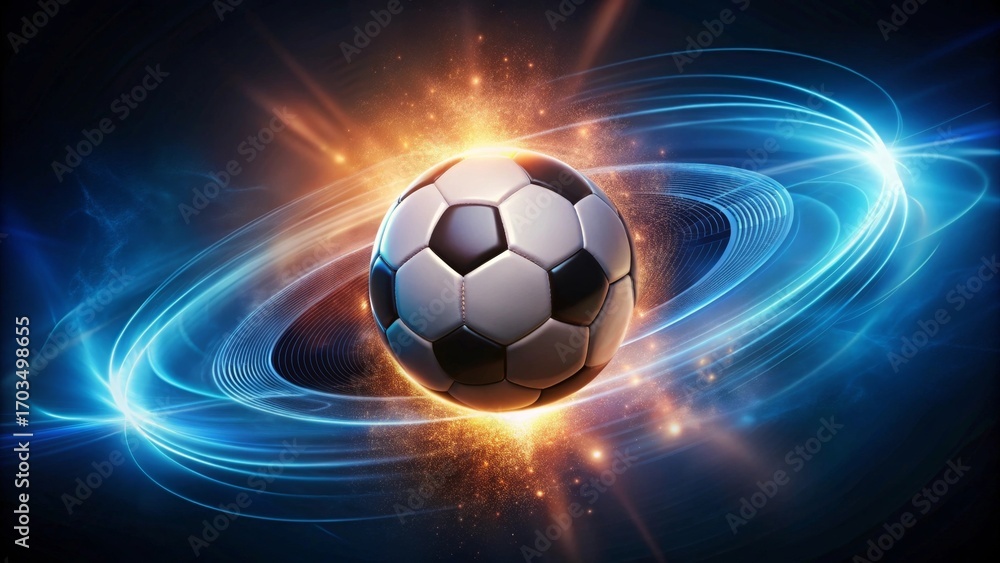 Naklejka premium A Futuristic Soccer Ball in a Dynamic Energy Field, Glowing with Vibrant Light Trails and Sparkling Dust