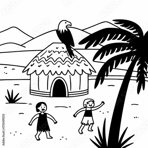 Minimilist illustration of a hut with an eagle, two children, and a palm tree in a mountainous landscape vector