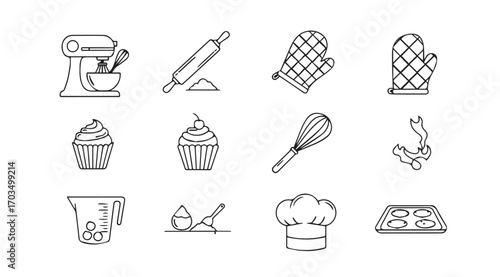 Collection of hand drawn baking utensils and pastry icons silhouette