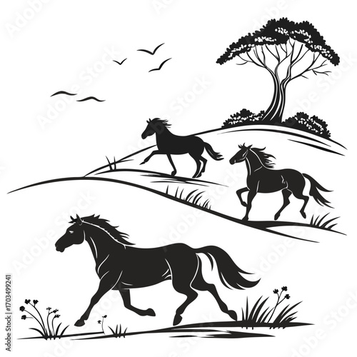Elegant Silhouette Horses Galloping Freely on a Hillside Beneath a Spreading Tree and Birds Soaring Above Enhances Nature's Beauty