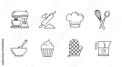 Collection of baking utensils and tools silhouette icons for culinary designs