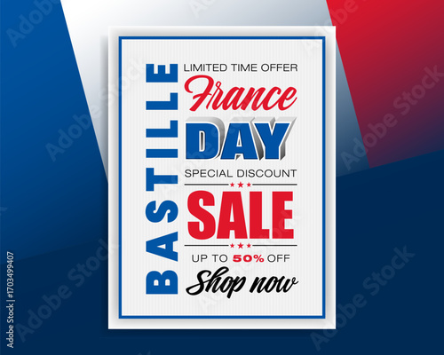 Holiday design, background with handwriting and 3D texts and national flag colors for Bastille day celebration, sales and commercial events; Vector illustration.