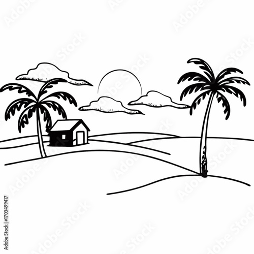 Minimilist black and white vector illustration of a tropical landscape with a hut and palm trees at sunset vector