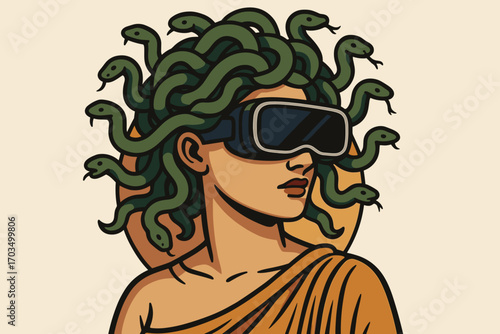 Medusa wearing virtual reality goggles, blending mythology with modern technology in a creative illustration