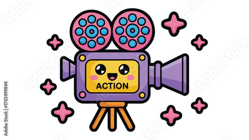 Adorable Kawaii Movie Camera with " Action" Text and Pink Sparkles film camera video camera
