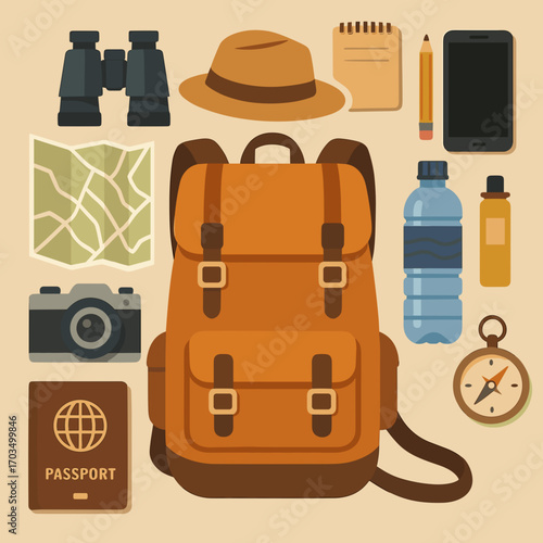 Travel backpack surrounded by essential items including a map, camera, water bottle, and passport