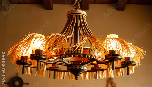 African-inspired chandelier crafted with natural materials, tribal patterns, cultural rustic interior design