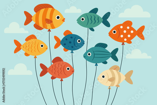 Colorful fish floating with balloon strings in a playful and whimsical underwater illustration