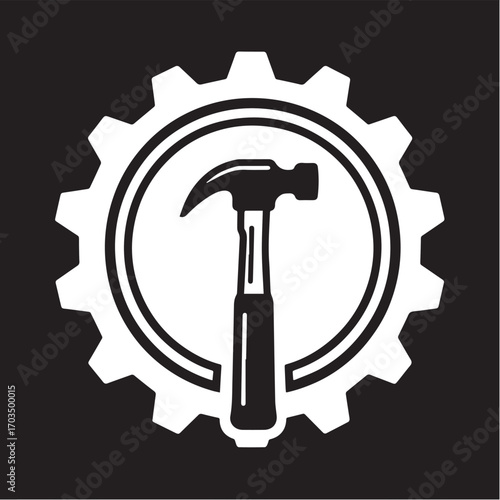 Industrial worker logo with a hammer tool inside a machine gear symbol for construction and mechanical services