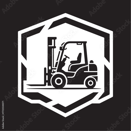 Industrial forklift truck vector logo within a modern hexagon emblem. Monochrome graphic icon for warehouse logistics, material handling, and transport business