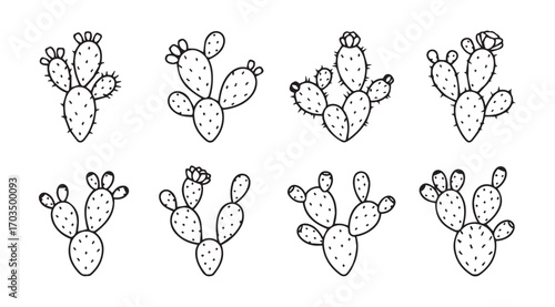 Collection of eight hand drawn prickly pear cactus silhouettes in outline style