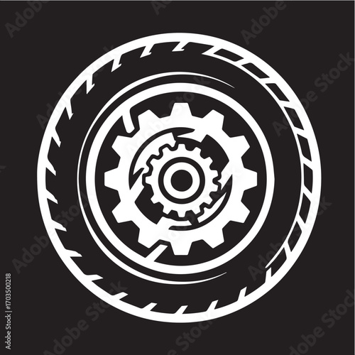 Monochrome circular emblem of an industrial gear within a tire, vector logo concept for a manufacturing factory or mechanical engineering service