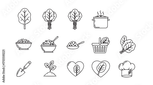 Collection of hand drawn silhouette icons representing healthy eating and cooking
