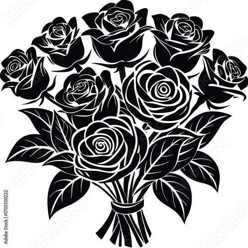 Elegant black and white rose bouquet silhouette with delicate floral details and artistic shading