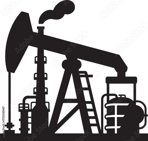 Industrial oil extraction project symbol, a silhouette logo graphic of a pumpjack rig and refinery plant