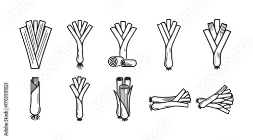Collection of leek vegetable illustrations in a distinctive silhouette style