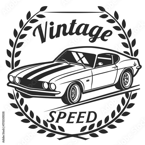 Vintage racing car emblem logo design for motorsport with classic typography and bold colors