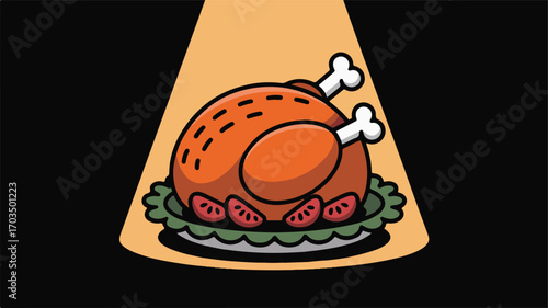 Cartoon Roasted Turkey on a Platter Under a Spotlight on Black Background food cooked