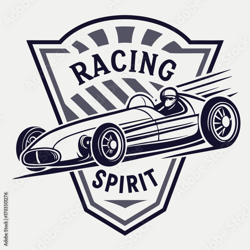 Retro racing car emblem logo design with vintage motorsport elements and bold typography