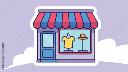 Cartoon storefront with awning and window display of clothing and hat shop retail