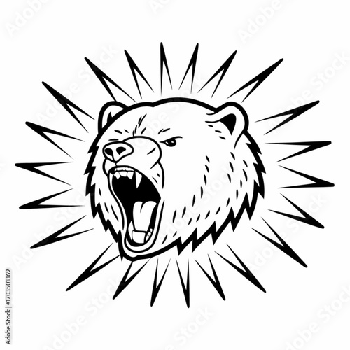 Minimilist illustration of a roaring bear head with sharp teeth and a surrounding burst of energy lines in black and white vector
