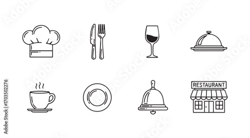 Collection of restaurant and food service icons in a simple silhouette style