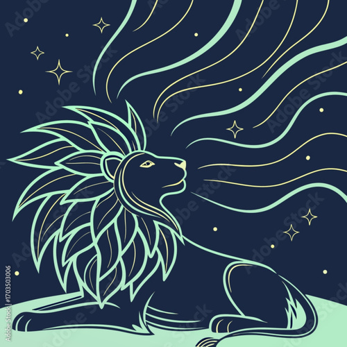 Minimilist stylized lion with flowing mane and tail lying down under a starry night sky with wavy lines design vector