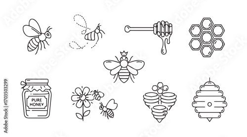 Collection of charming bee and honey themed illustrations in a delicate silhouette style