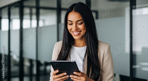 Smiling young professional woman using a tablet in a modern office, showcasing efficient business productivity with ample copy space for your design needs
