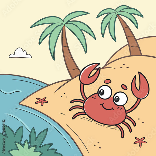 Adorable cartoon crab enjoying a sunny day on a vibrant beach with ocean waves and blue sky
