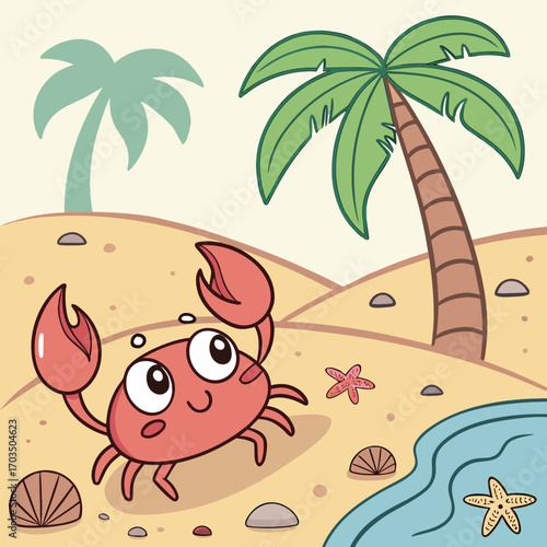 Adorable cartoon crab character on a vibrant sandy beach with ocean waves and clear blue sky