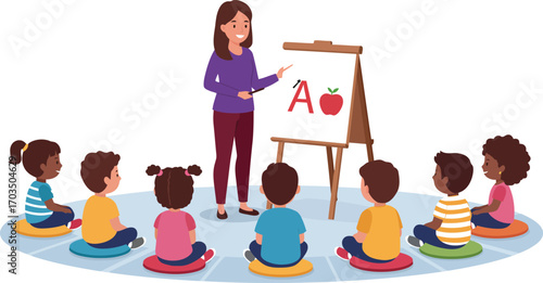 Diverse young students learn alphabet abcs from teacher in bright classroom illustration vector