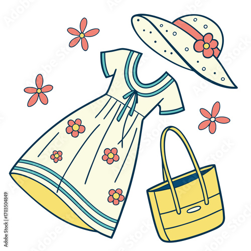 Charming illustration of a cute summer sundress with a stylish hat perfect for warm weather fashion and seasonal designs