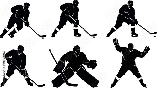 Silhouette images of ice hockey players in action, showcasing a variety of poses and movements, including skating, stick handling, and goaltending for dynamic sports graphics
