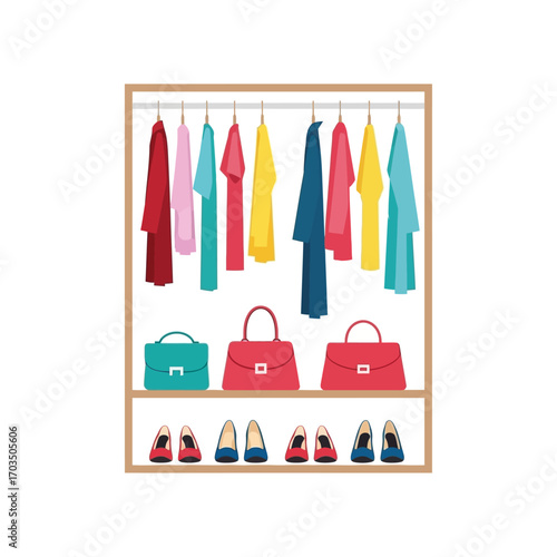 Organized woman's wardrobe with a colorful collection of fashion apparel, shoes, and handbags
