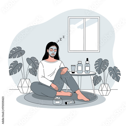 Vector illustration of a woman relaxing during her skincare routine at home