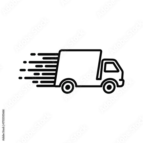 Black outline of a fast moving delivery truck icon on white background transport logistics