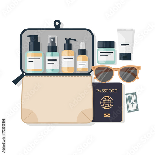 Travel essential toiletries and passport for a trip