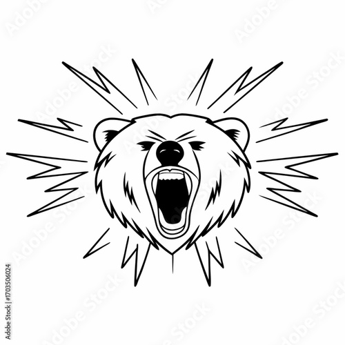 Minimilist illustration of a roaring bear head with sharp lines emanating from it in black and white style vector