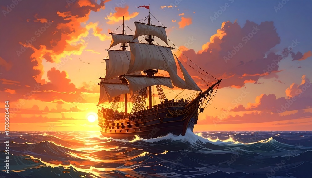 Fototapeta premium Majestic sailing ship at sunset
