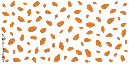 Seamless almond pattern with scattered brown nuts on a clean white background.