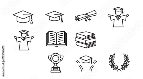 Collection of graduation and academic achievement icons in a simple silhouette style
