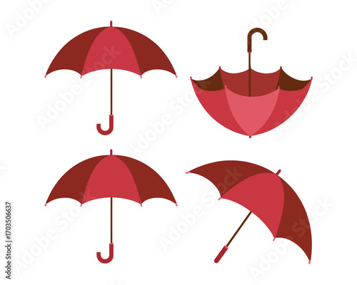 A collection of four red umbrella illustrations, depicted in various open and angled positions for weather-related design elements