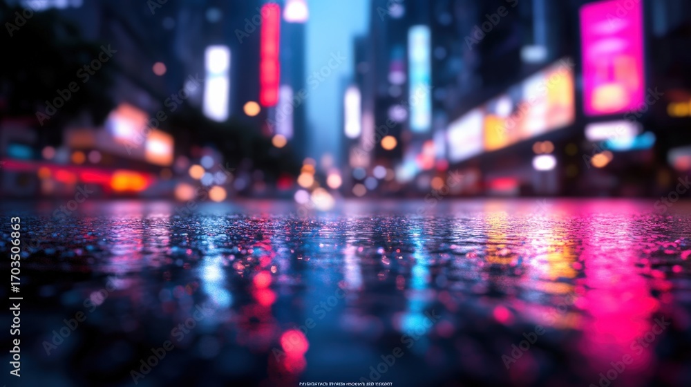 Fototapeta premium Urban night, colorful city lights reflections on wet street